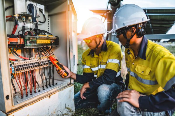 Two electricians wearing ppe working on an electrical box